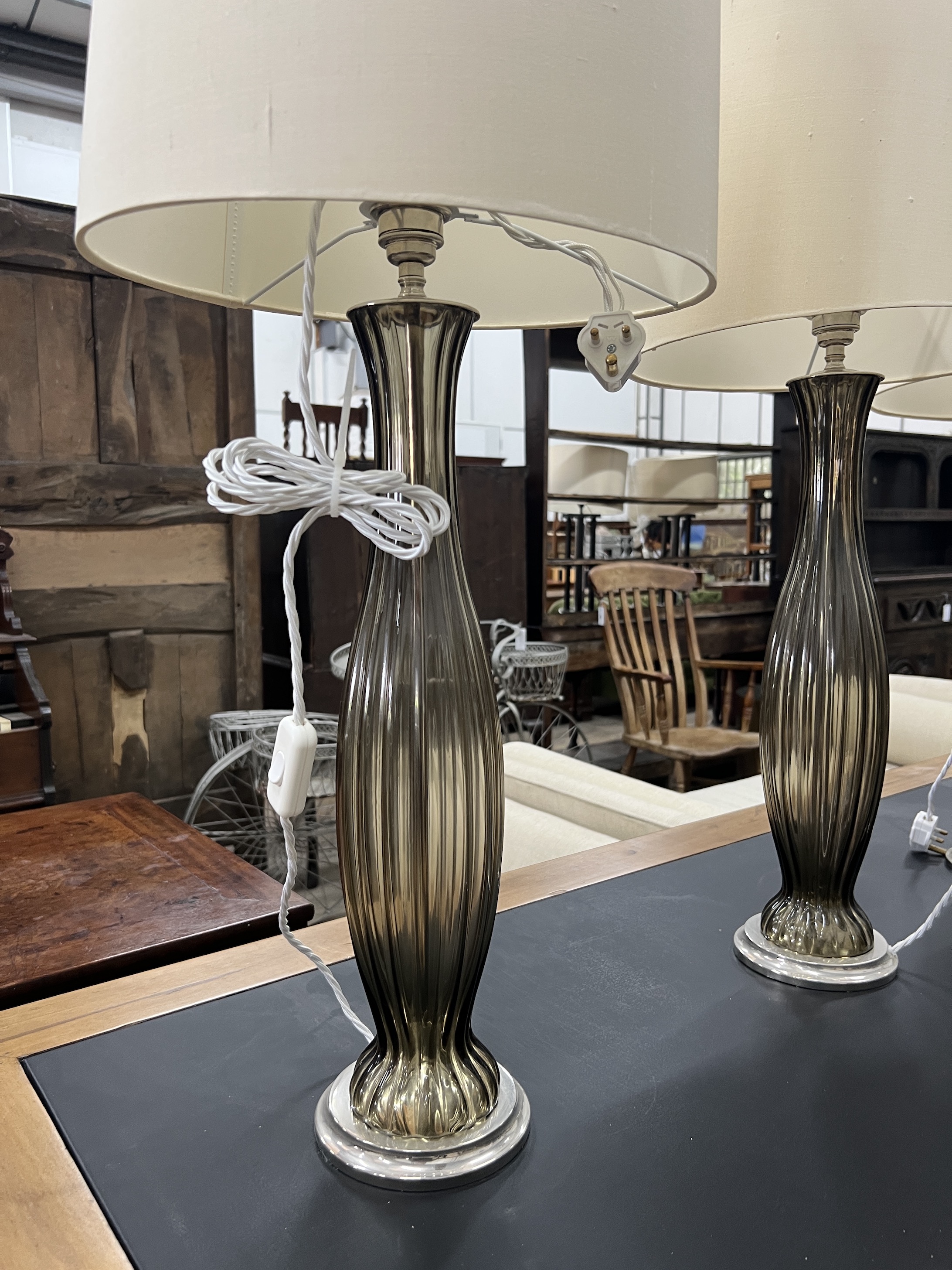 A set of four Bella Figura contemporary fluted glass table lamps and shades, height including shades 86cm